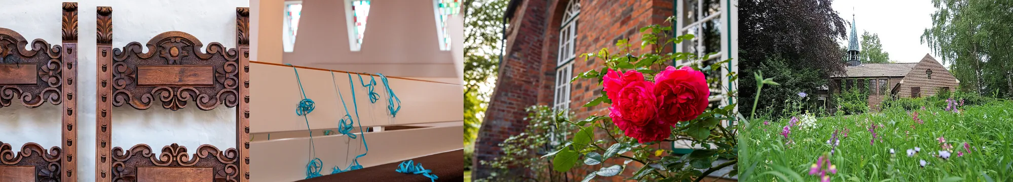 Bilder der Kirchengemeinde Schwartau: Traustühle, Rosen am Kirchenfenster, Blühwiese an der Friedhofskapelle