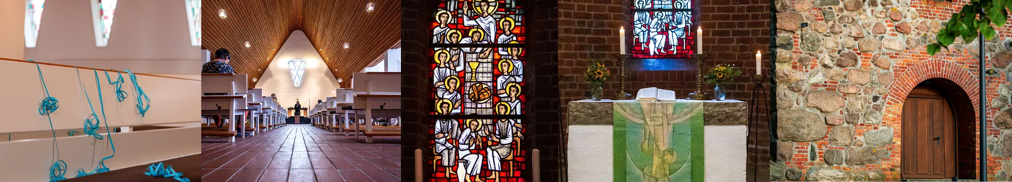 Bilder aus der KG Schwartau: Kirchenbank, Blick auf den Altar, Turmtür