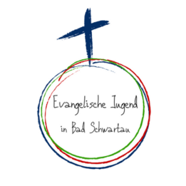 Logo Evangelische Jugend in Bad Schwartau, ein Kreuz stehend auf einem Kreis in rot, grün und blau