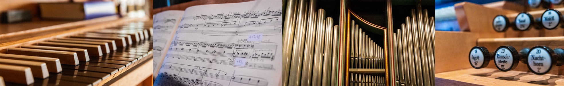 Banner mit Motiven aus der Kirchenmusik in der Kirchengemeinde Schwartau, Orgeltasten, Noten, Orgelprospekt