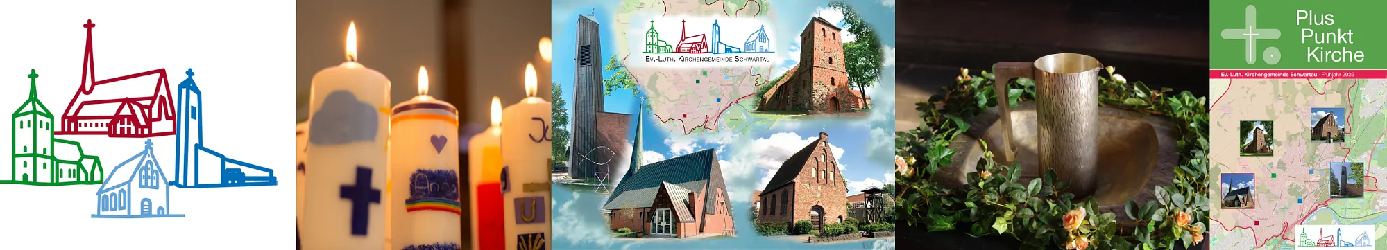 Kirchenlogos, Kerzen, Kirchencollage, Taufbecken, Titelbild Gemeindebrief