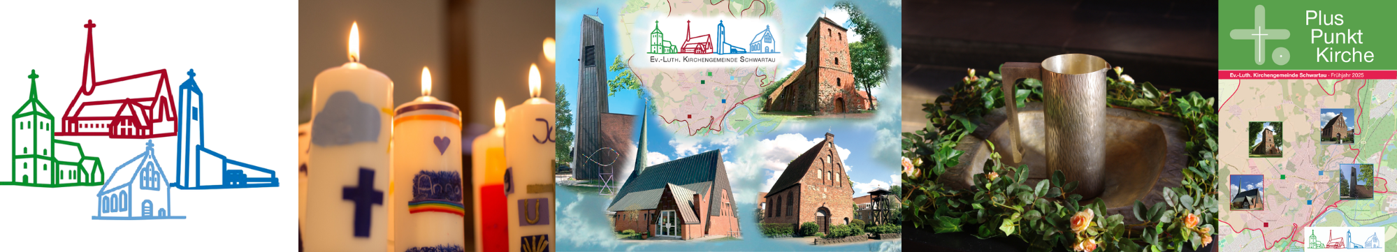 Kirchenlogos, Kerzen, Kirchencollage, Taufbecken, Titelbild Gemeindebrief