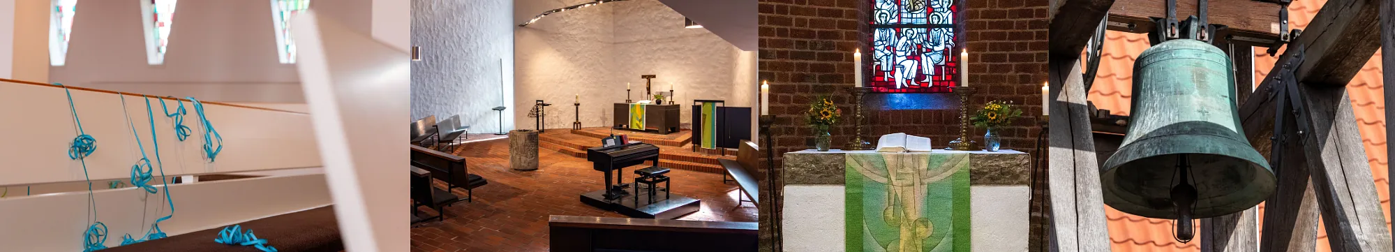 Bilder aus der KG Schwartau: Kirchenbank, Blick auf den Altar, Turmtür